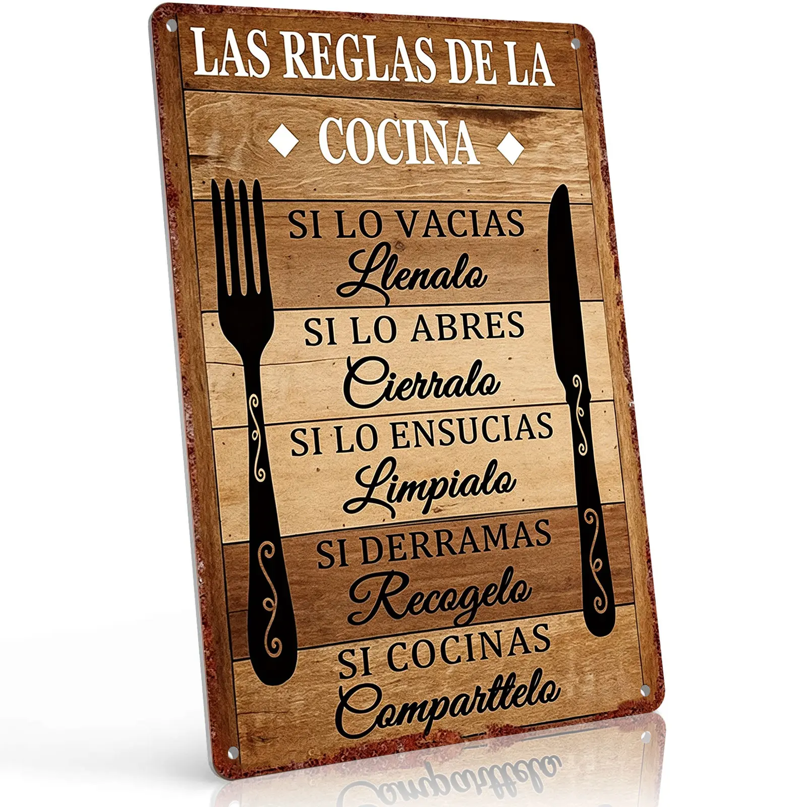 "Spanish Kitchen Rules" 8x12 in Rustic Aluminum Metal Sign - Vintage Plaque Decor, Rectangle Hispanic Home Supplies, Wall Mount Fork-Knife Retro Decor, Durable Weatherproof Easy-to-Hang for Home-Restaurant, Decorative Home Signs