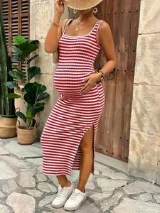 ELARA Women Casual Maternity Spaghetti Strap Midi Dress Women Black Dress Women Summer Outfit