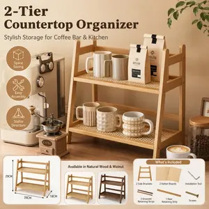 2-tier bamboo countertop storage rack, retro cream-colored bohemian-style trapezoidal organizer, suitable for multiple scenarios. Can hold mugs, coffee bar items, seasonings and cup sets. Easy to install and space-saving, ideal for kitchen