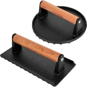 Blackstone Burger Press Set - 7" Round smash burger press & 8.3"x4.3" Rectangle Cast Iron Grill Press with Wooden Handle - Smasher is  for Blackstone Griddle, Pitboss Weber Griddle Grills