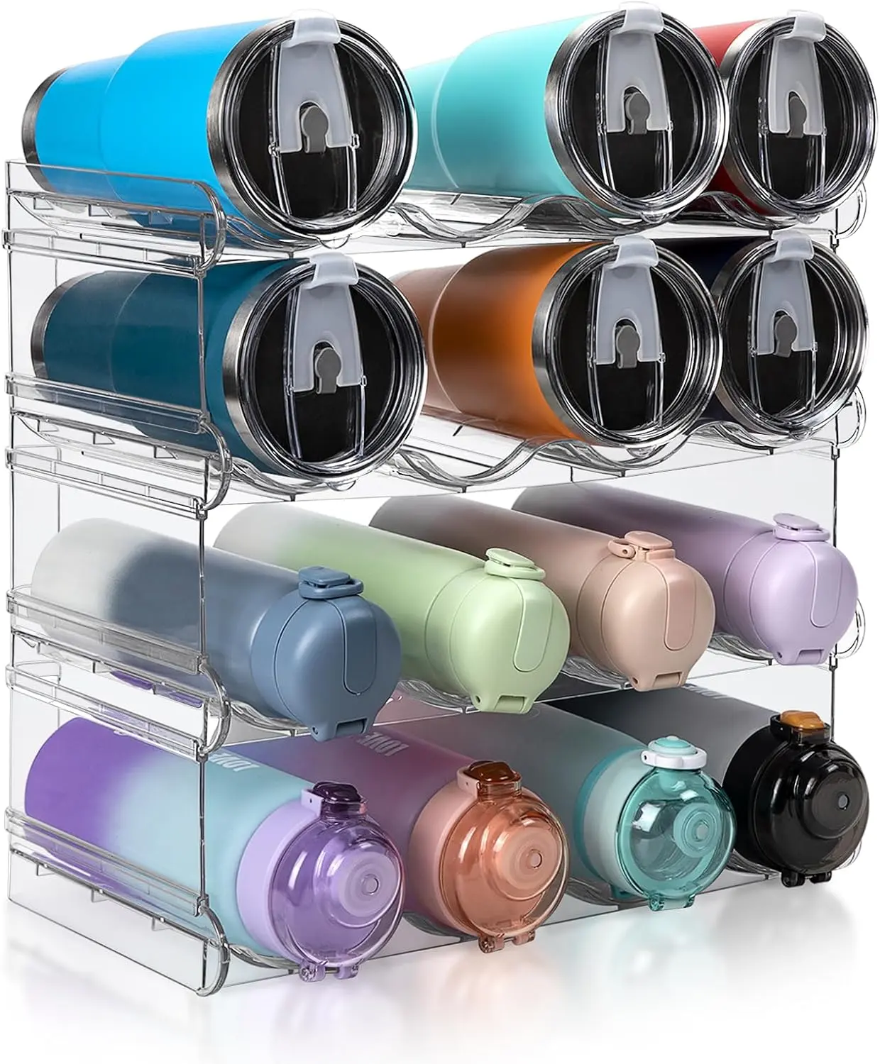 Stackable Water Bottle Organizer, Large Compartment Water Bottle Holder, 4 Tier Clear Water Bottle Organizer for Cabinet, Bottle Rack for Kitchen Organization and Storage - Hold 16 Bottles spospo