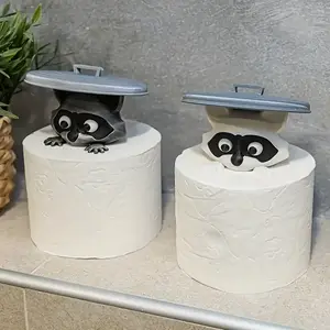 1 Piece Adorable 3D Printed Raccoon Tissue Holders - Black and White Bathroom Decor with Expressive Eyes, Durable Plastic Freestanding or Hanging Barrel Installation for Space-Saving Novelty Gifts for Animal Lovers and Quirky Home Accessories