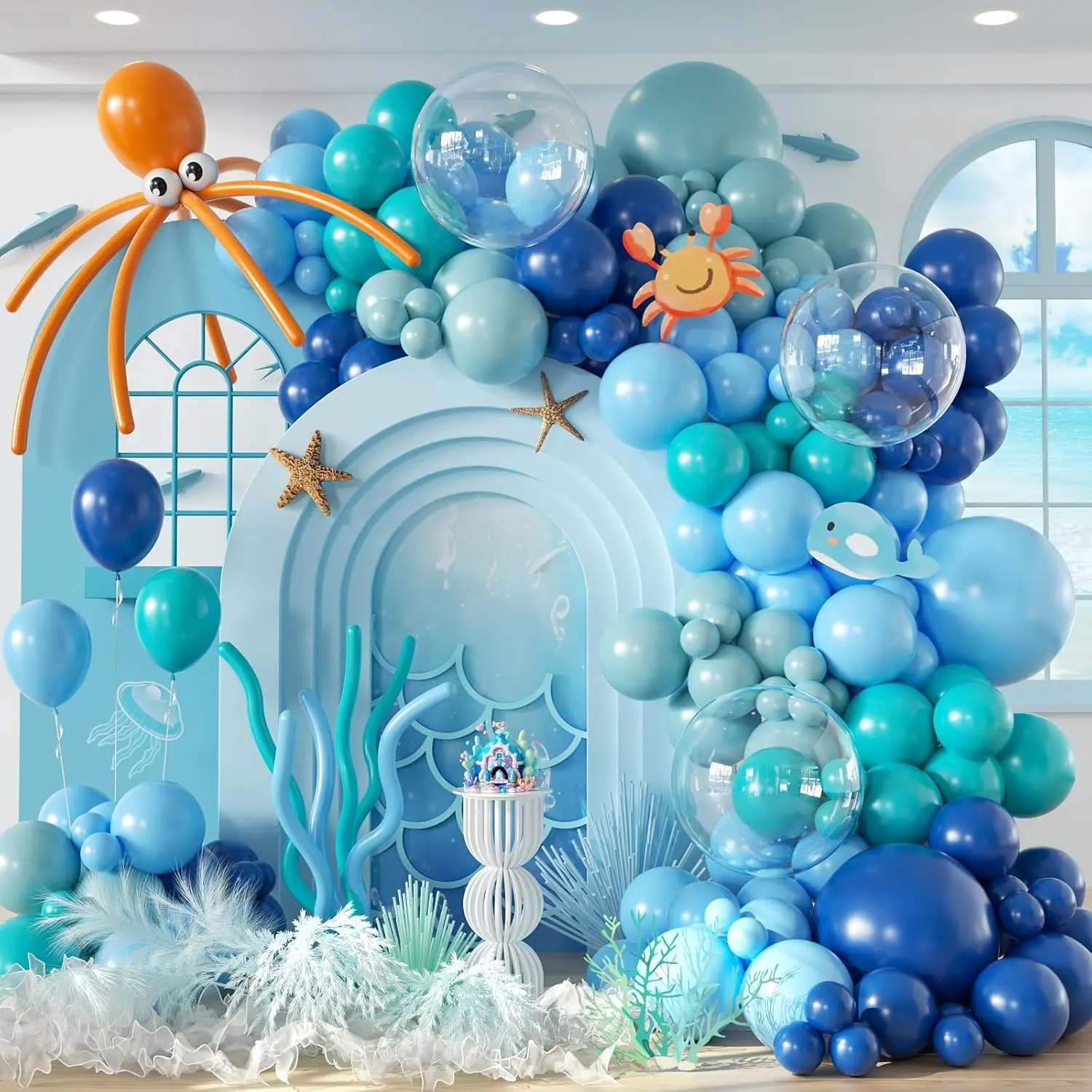 134PCS Under the Sea Balloon Garland Arch Kit – Blue, Teal, Orange Long Balloons for Ocean Themed Baby Shower & Birthday Party Decorations