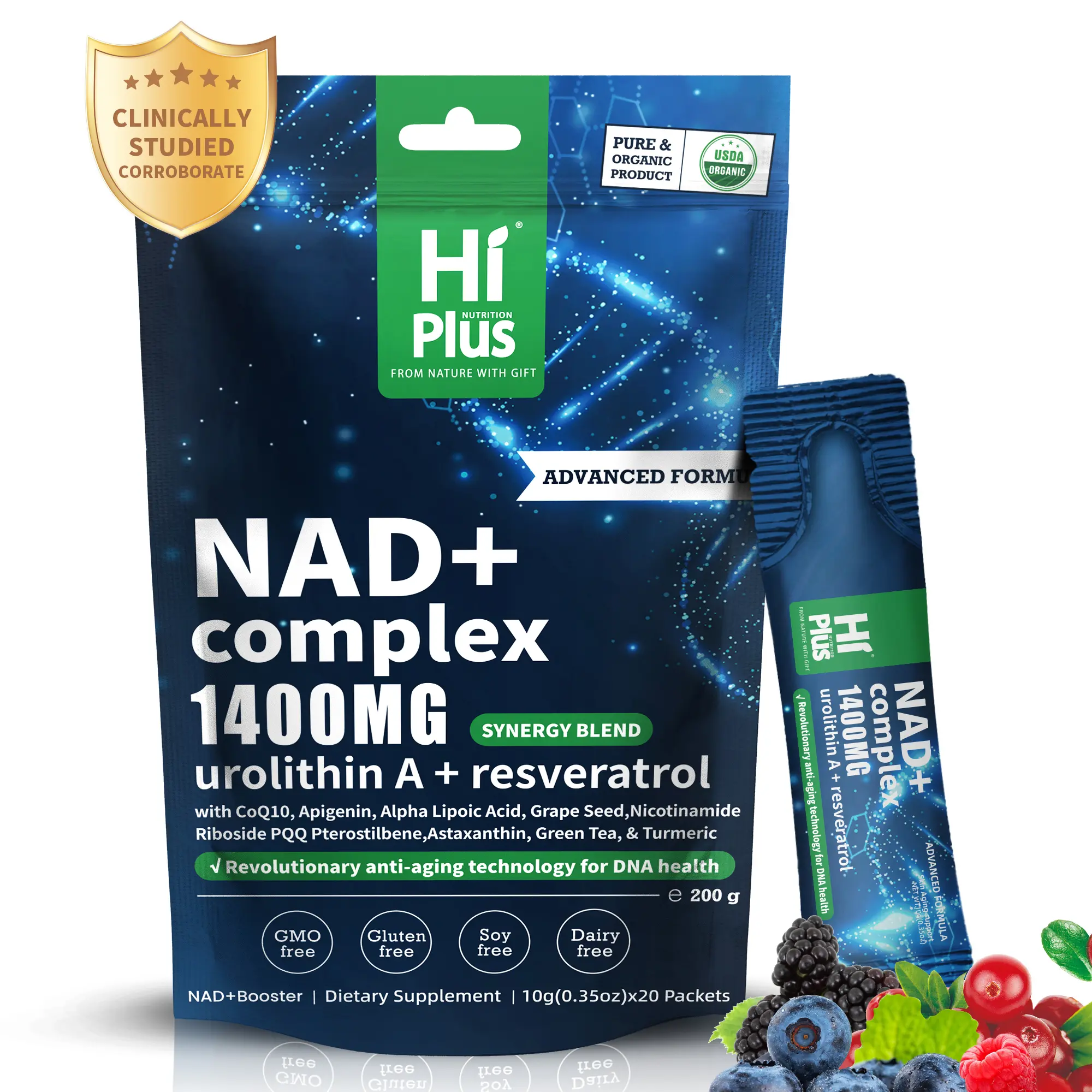 HIPLUS NAD+ Cell Regenerator Berry Flavor Drink 1400mg Extra Strength NMN Alternative Liposomal Green Tea + Astaxanthin for Women&Men Urolithin A + Resveratrol CoQ10 PQQ Alpha Lipoic Acid–Energy Beauty Healthcare Anti-Aging –20Pack Antioxidant Supplement