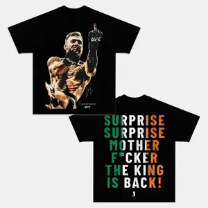 Conor McGregor "Surprise Surprise Mother F*cker The King Is Back" Irish Flag V2 Double Sided Graphic Tee, The Notorious Shirt, Vintage MMA Fighter Fan Merch, Cotton Streetwear T-Shirt, Gift for UFC Fans