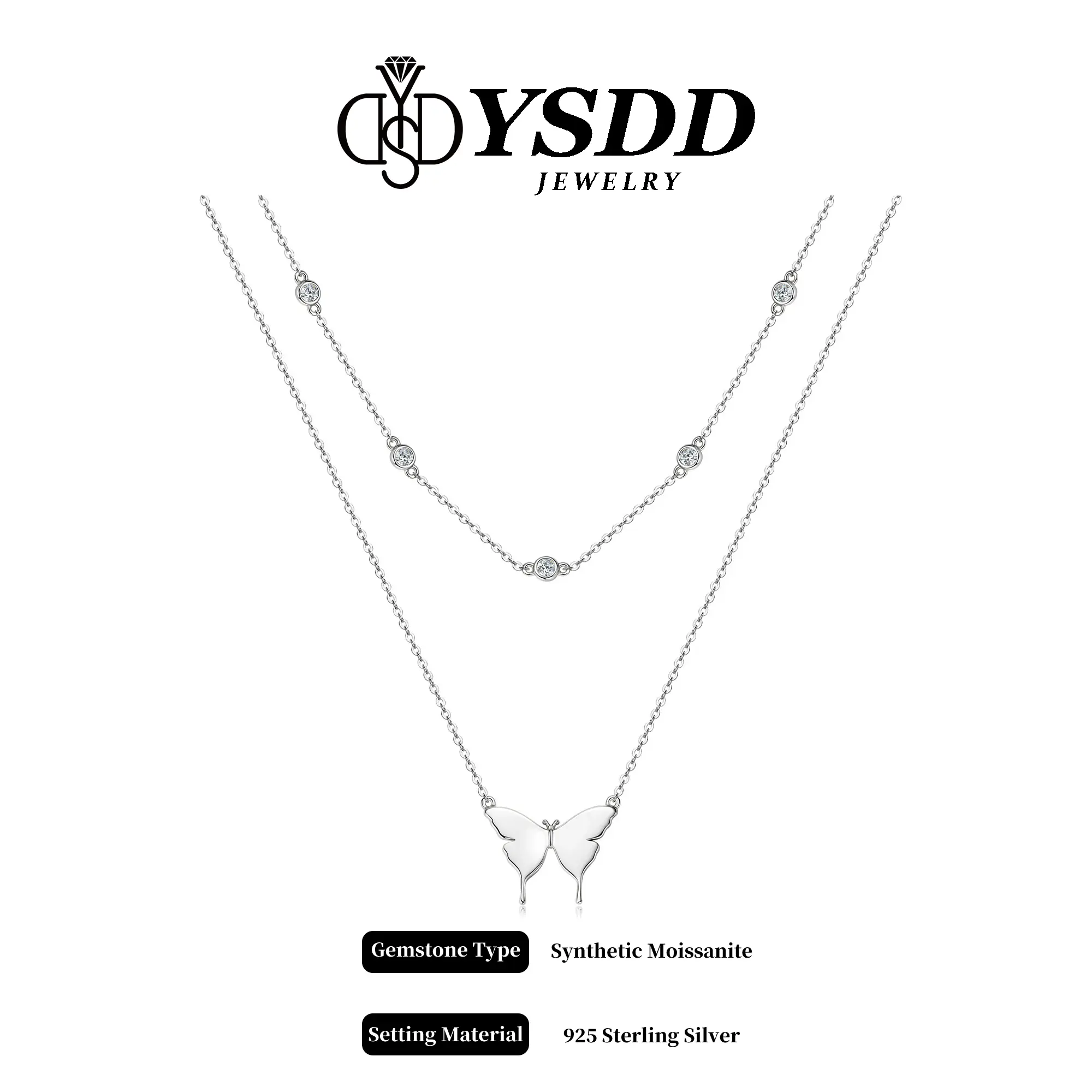 【5.23 Livestream-20】Double Chain Bezel & Butterfly Necklace vvs Synthetic Moissanite in 925 Sterling Silver