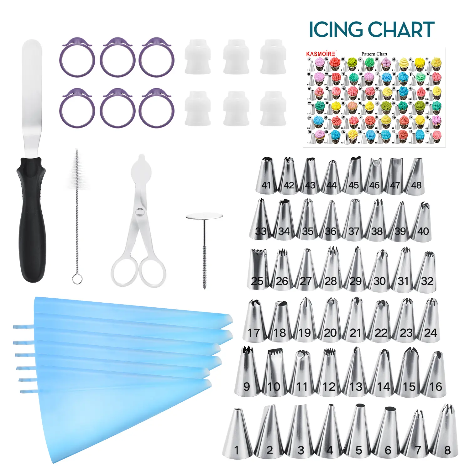 70 Pcs Cake&Cupcake Decorating Supplies Tips kit-48 Numbered Piping Tips & 6 Reusable Pastry bag with Pattern Chart - Flower Nail, Icing Spatula,Cleaning Brush, 6 Couplers & Icing Bag Ties Bakeware Silicone Engraved Handy Set