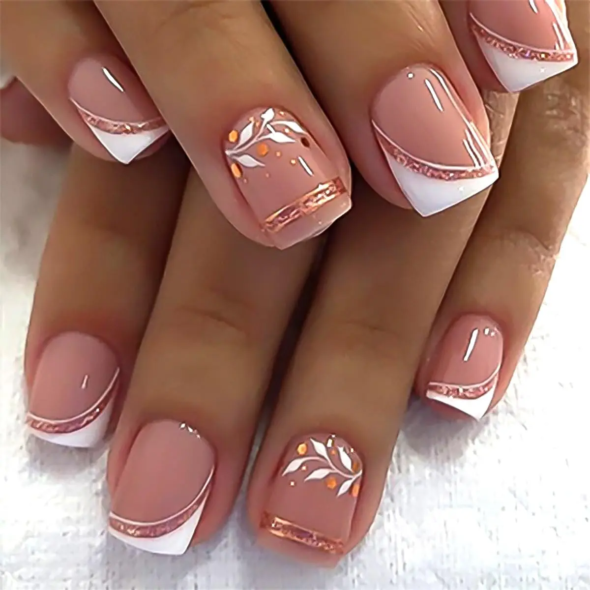 Natural Nude French Press On Nails Short Square - Minimalist White Tips with Gold & Purple Line Glossy Gel Finish Reusable Fake Nails Full Cover Kit 24Pcs