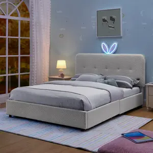 Full Size Bed Frame for Kids with Rabbit Ear Headboard, Boucle Fabric Upholstered Bed Frame with LED Light & 4 Storage Drawer, Solid Wood & Metal Frame, Sturdy Slat Support, No Box Spring Needed, Beige