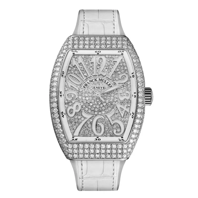 Franck Muller Vanguard V32 Automatic Stainless Steel Aftermarket Full Diamond Paved Case and Dial White Strap Ladies Watch WHP039573