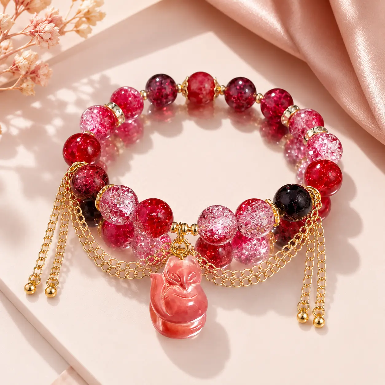 Red Pink Beaded Fox Charm Bracelet for Women, Double-Layer Stretch Bracelet with Crackle Glass-Look Beads, Gold-Tone Chain Tassels, Cute Lucky Animal Jewelry for Birthday, Valentine’s Day, Holiday and Gift