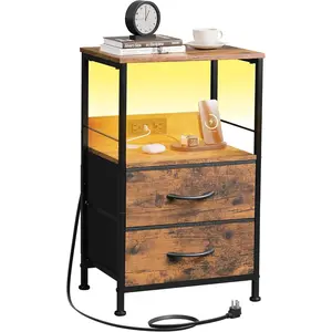 WLIVE Minimal LED Nightstand with Charging Station | 2-Drawer Storage Dresser for Small Spaces, Open Shelf Bedside Table & Organizing with USB Ports