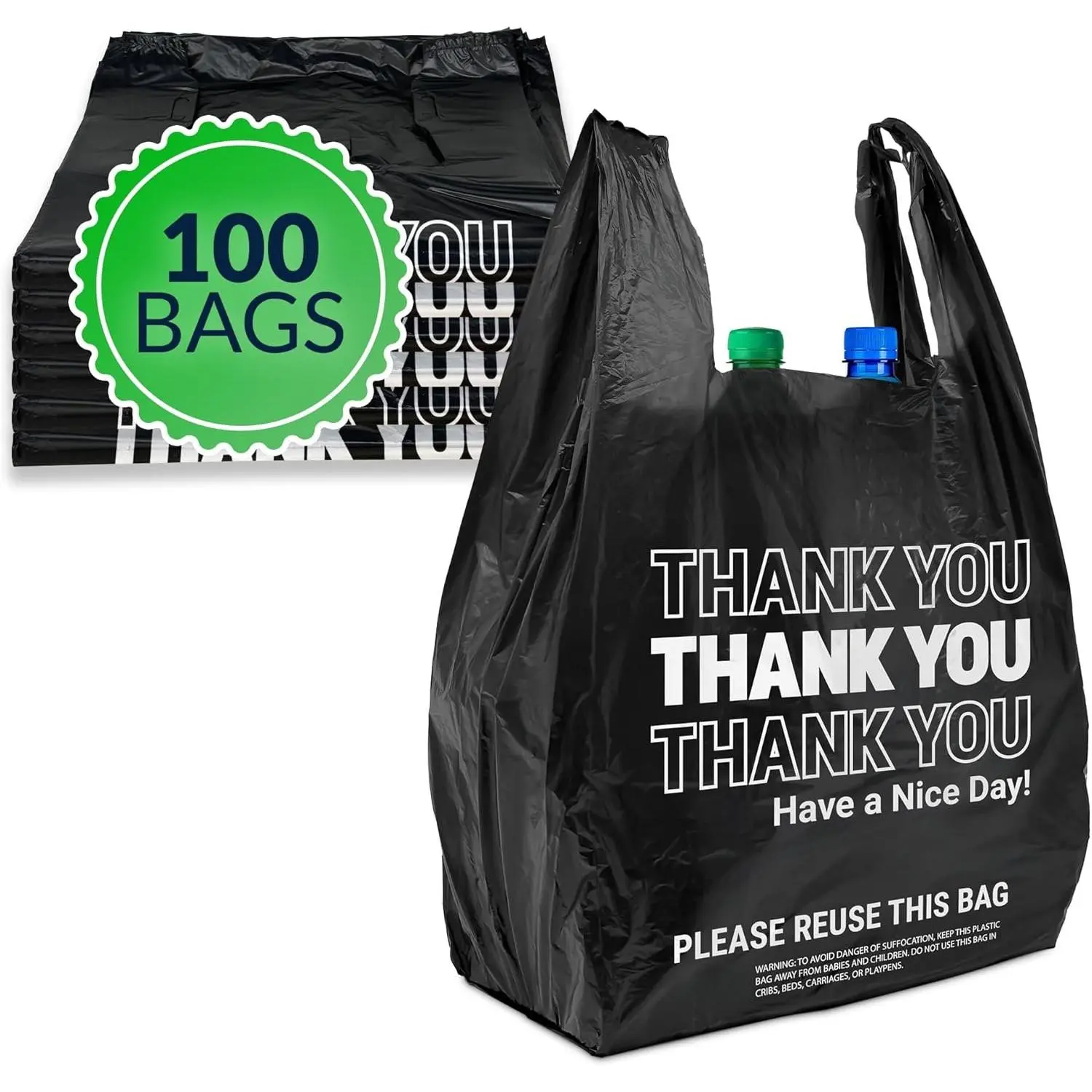 Thank You Plastic Bags | 100 Pack | (11.5" x 6.5" x 21"), Black | Plastic Bags with Handles | Ideal for Grocery, Shopping,  Take Out, Restaurants, Small Business