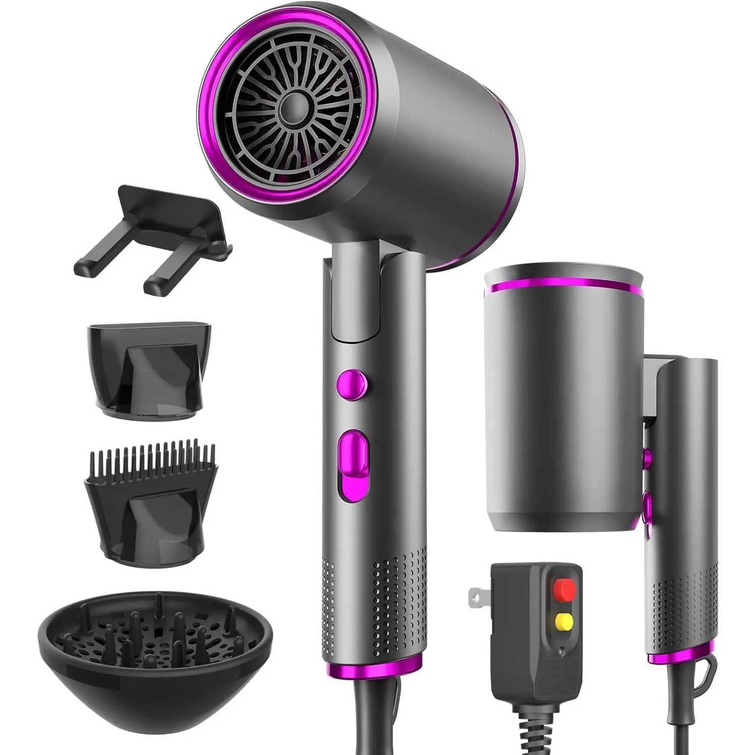Portable Ionic Hair Dryer, Foldable Handle Hair Dryer,1600W Blow Dryer with Diffuser/Concentrator/Comb Nozzle,Intelligent Temperature Control,Low Noise for Home/Salon/Travel (Grey)