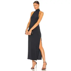 Norma Kamali Halter Turtle Side Slit Gown in Pewter