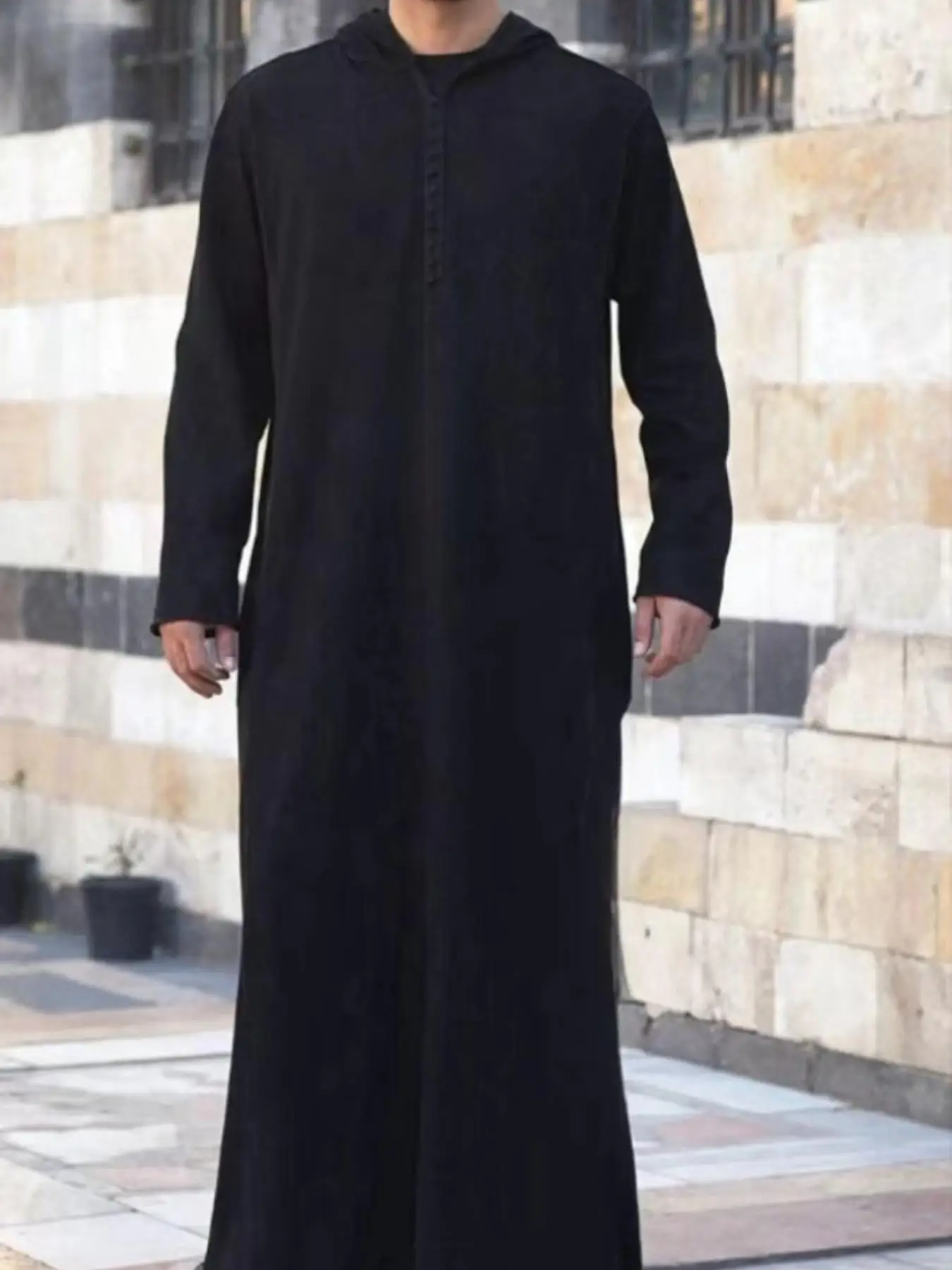 Men's Solid Color Hooded Robe, Elegant Long Sleeve Button Robe for Daily Wear, Fashion Muslim Clothing for All Seasons