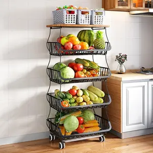 4/5/6 Tier Fruit Vegetable Basket for Kitchen with Wooden Tabletop, Storage Cart Vegetable Basket Bins for Onions and Potatoes, Wire Storage Basket Organizer Utility Cart with Wheels, Black Organizing Home Interior Layer Rack