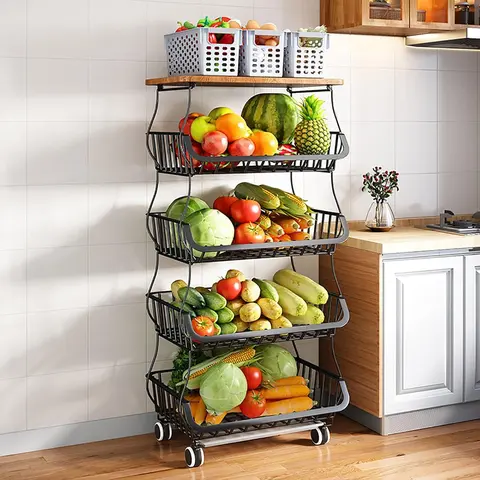 4/5/6 Tier Fruit Vegetable Basket for Kitchen with Wooden Tabletop, Storage Cart Vegetable Basket Bins for Onions and Potatoes, Wire Storage Basket Organizer Utility Cart with Wheels, Black Organizing Home Interior Layer Rack