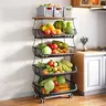 4/5/6 Tier Fruit Vegetable Basket for Kitchen with Wooden Tabletop, Storage Cart Vegetable Basket Bins for Onions and Potatoes, Wire Storage Basket Organizer Utility Cart with Wheels, Black Organizing Home Interior Layer Rack
