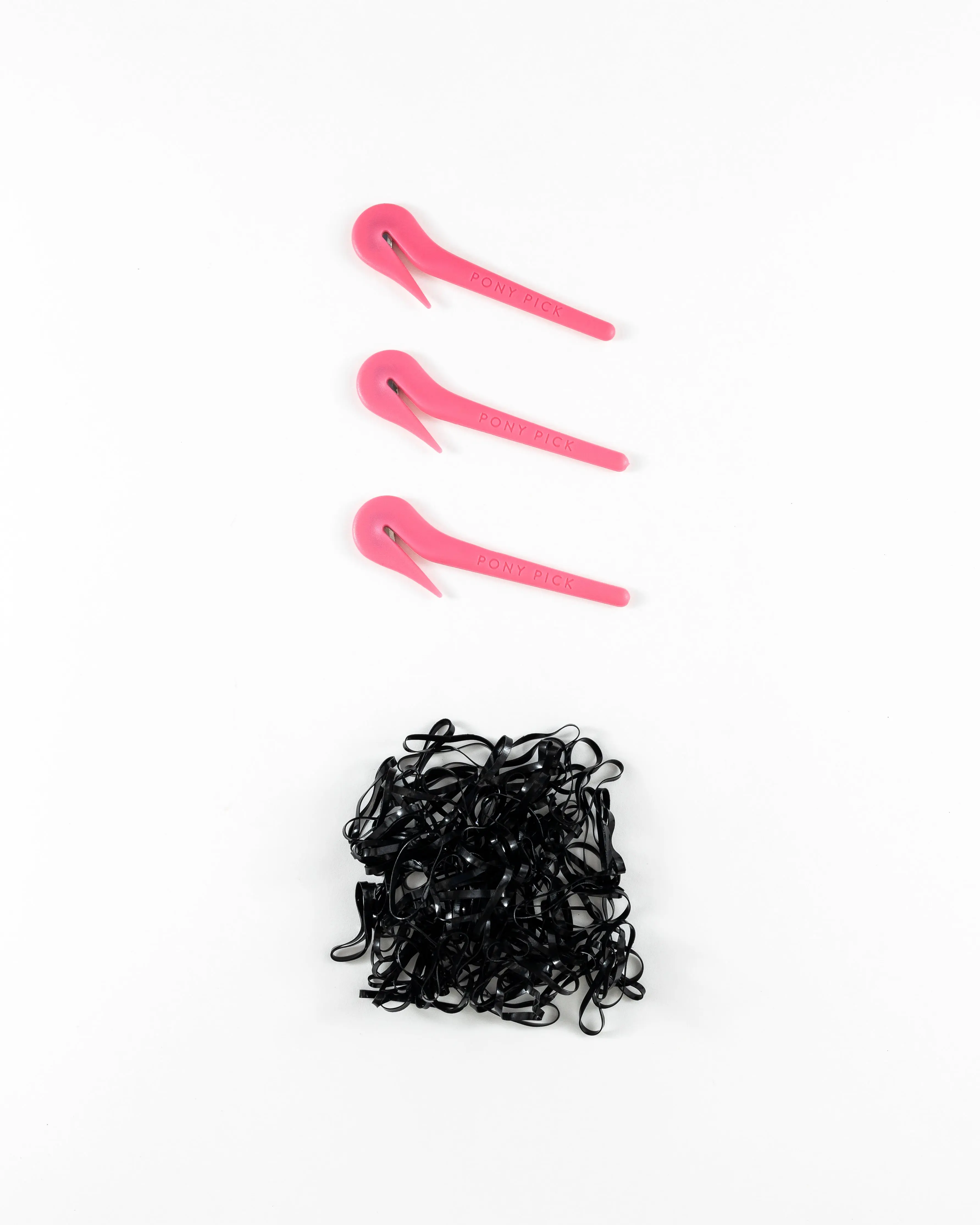 Patented Pony Pick Pack: 3 Pick + 50 Black Elastics, Hair Elastic Remover, Women Owned, US Small Business