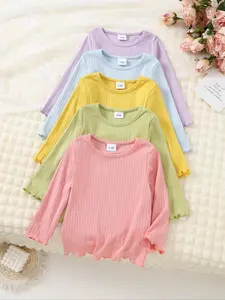 Baby Girls' Casual Round Neck Long Sleeve Solid Color Bottoming Shirt Set, 5-Piece Pack, Soft & Comfortable Fabric, Perfect for Daily Wear