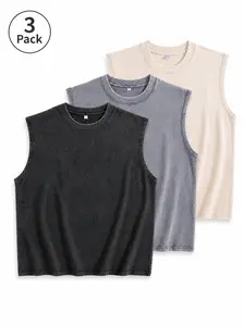 Men's 3-Pack 210G Heavyweight Washed Round Neck Tank Tops, Unisex Sleeveless Menswear Basics, Vintage Oversized Black+Grey+Apricot Summer Streetwear for Training & Fitness