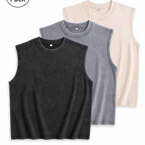 Men's 3-Pack 210G 100% Cotton Retro Heavyweight Oversized Sleeveless Singlet Vests, Minimalist Mens Clothing Streetwear Tank Tops, Gym & Casual Pack Vests, Black Gray Coffee Beige Crewneck Sohochic Workout Tops