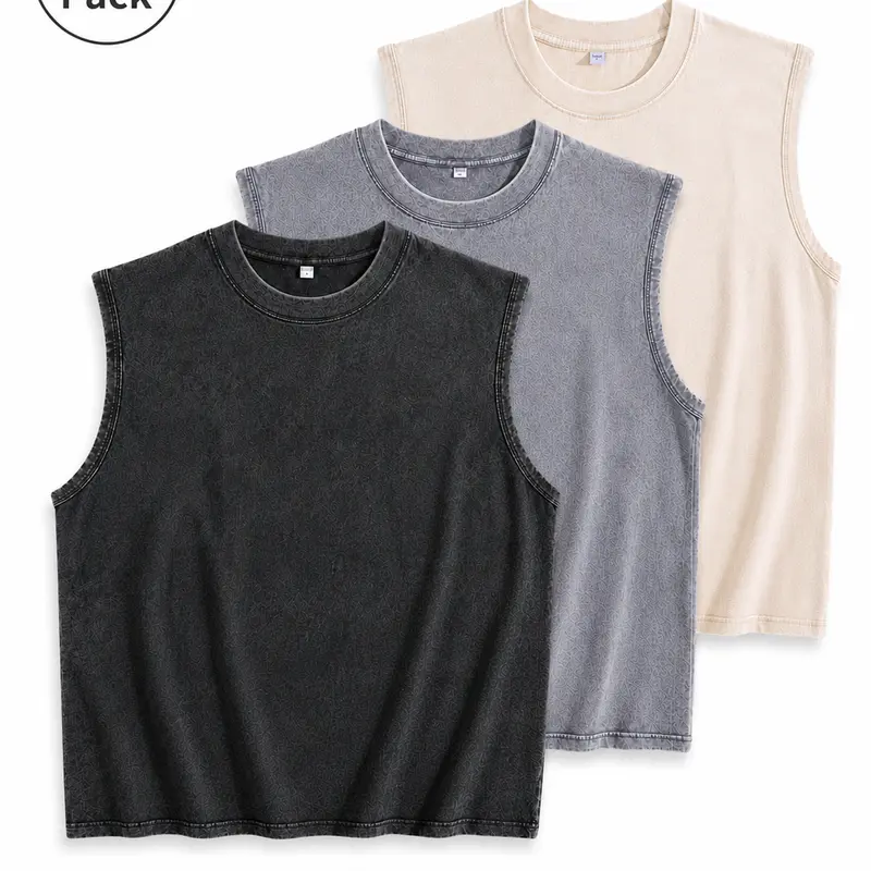 Men's 3-Pack 210G 100% Cotton Retro Heavyweight Oversized Sleeveless Singlet Vests, Minimalist Mens Clothing Streetwear Tank Tops, Gym & Casual Pack Vests, Black Gray Coffee Beige Crewneck Sohochic Workout Tops