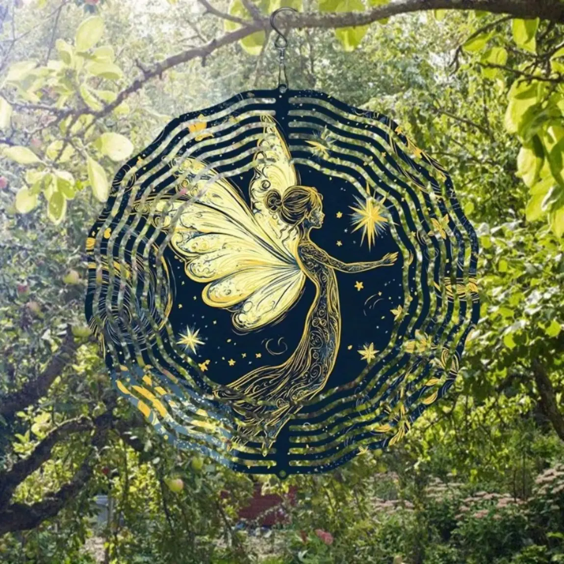 Hand-Painted Fairy Metal Wind Spinner – 360° Rotating Hook, Enchanting Outdoor Garden Decor for Halloween & Christmas