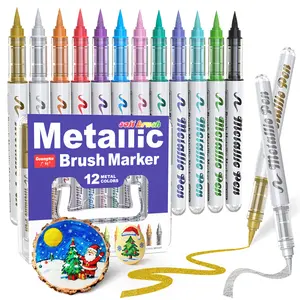 GuangNa 48/36/24/12 Color Metallic Acrylic Paint Markers Brush Tip Pen for Rock Painting Stone Ceramic Glass Wood Fabric Pebbles Scrapbook Journals Photo Albums Card Stocks 48 Color Options