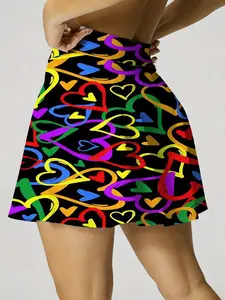 Summer Women's Lightweight Sporty Tennis Skirt and Shorts Set with Pockets, Colorful Heart Print, Ideal for Running Yoga Fitness