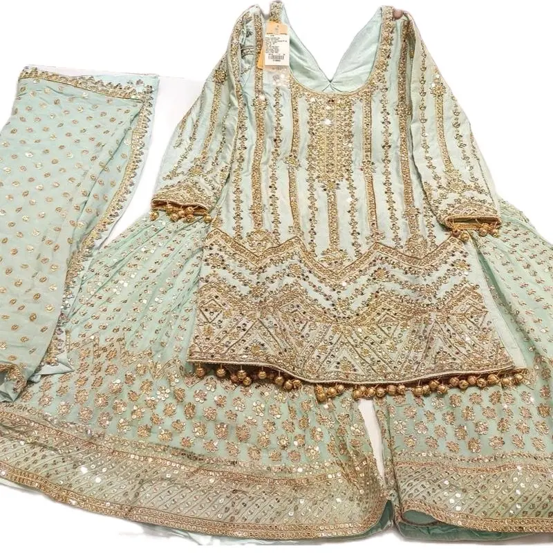 Designer Mirrorwork & Bird Design Heavy Bridal Sharara Suits for Women Floral Printed Crepe Silk Long Kurti with Gold Embroidery & Gota Pati Chic Elegant