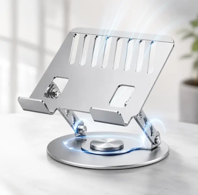 Adjustable Foldable Laptop Stand with Rotating Base, Ventilated Computer Riser with Dual Support Arms and Front Retaining Ledges, Desktop Notebook and Tablet Holder for Home Office, Study and Desk Setup, Silver