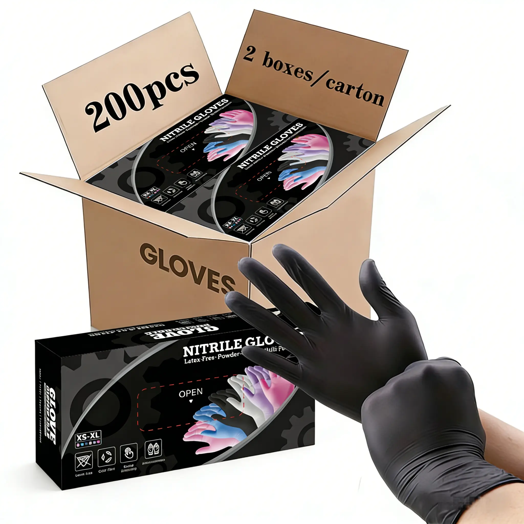 200Pcs composite nitrile disposable gloves, powder-free, latex-free, textured fingertips for anti-slip, waterproof and oil-resistant，Suitable for mechanics, cleaning, beauty, cooking, kitchen gloves, available in various sizes (S/M/L/XL)