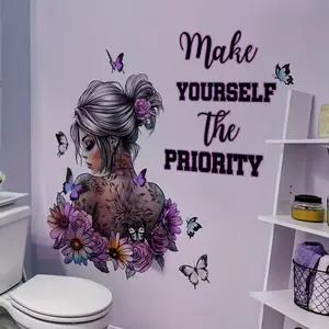 Spring Home Decoration Wall Stickers Set, Beautiful Woman Back Flowers Butterflies Phrases, Suitable for Bedrooms Living Rooms Sofas Entryway