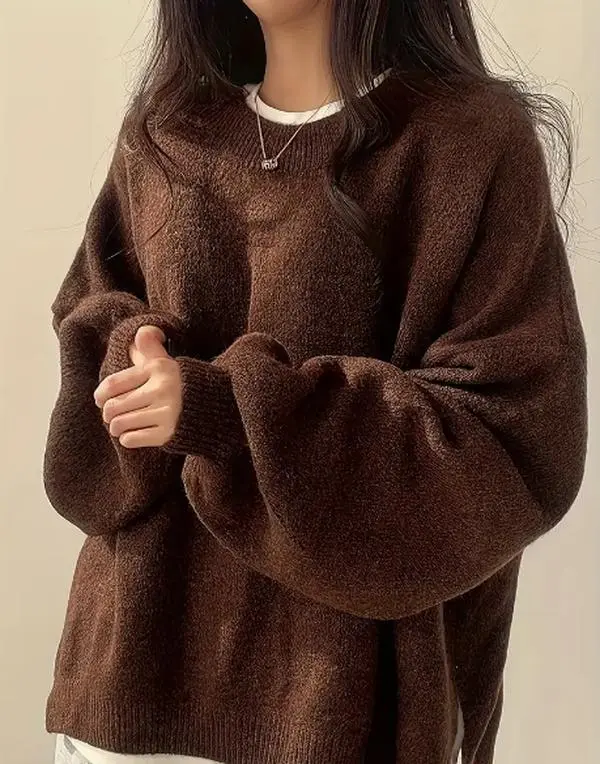 Solid Crew Neck Split Sweater, Casual Long Sleeve Drop Shoulder Loose Sweater, Women's Clothing