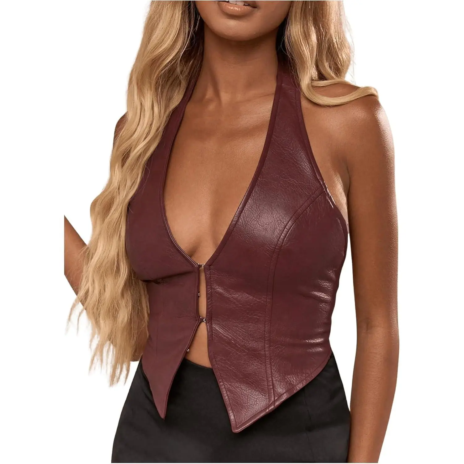 Women's PU Leather Halter Tank Tops Sexy Deep V Neck Asymmetrical Vest Corset Party Clubwear