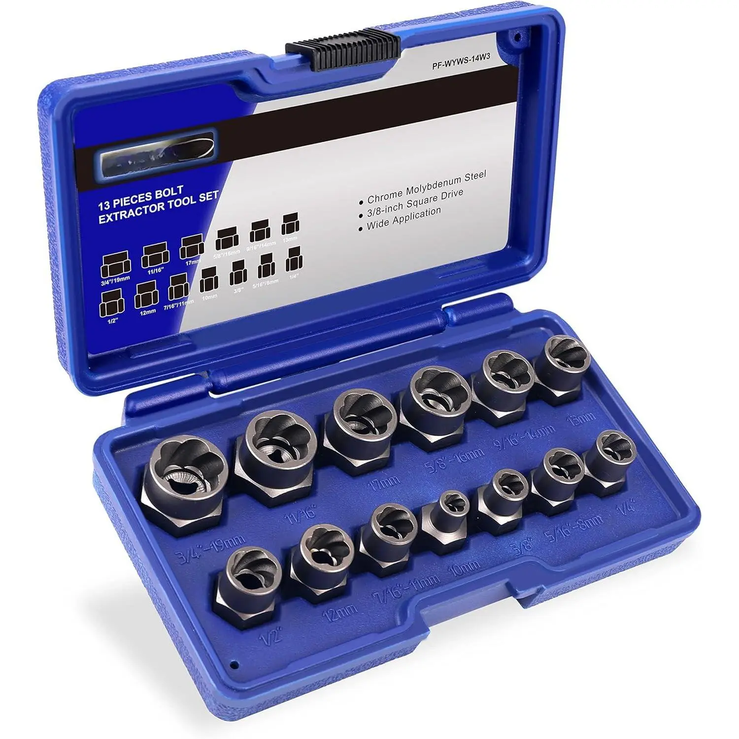 13 Pieces Impact Bolt & Nut Remover Set  Stripped Extractor Cr-Mo Extraction Tool with Solid Storage Case Easy Out Rusted Rounded Damaged Nuts and Bolts