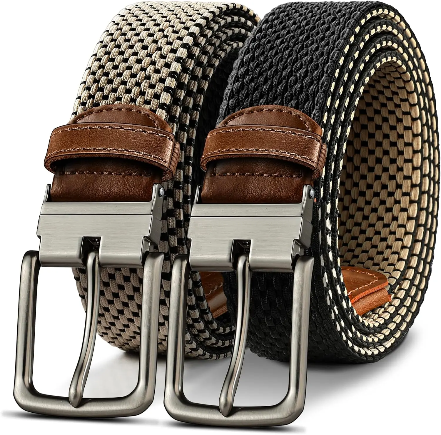 2 Pack Braided Belt Reversible,Elastic Stretch Belt for Gift Men Golf Casual 1 3/8",2 In 1 Belt