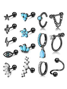 Fashionable 15 Pairs Black Earring Assortment for Women Men Stainless Steel Copper Fine Artistic Design Helix Conch Cartilage Piercing Wear Elegant Arc Modeling Delicate Flower Trendy Earrings Lightweight Swing Dangle Chains Retro Classic Studs Hoops