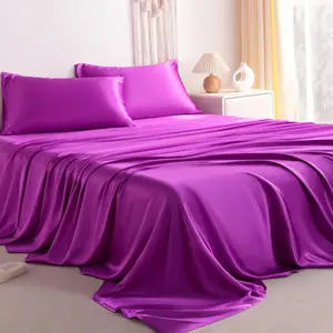 Silk Twin Sheet Set, 3-Piece Luxury and Soft Bedding Set Cooling Sheets for Hair and Skin, Includes 1 Pillowcase, 1 Flat Sheet, 1 Fitted Sheet with Deep, Purple