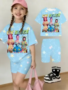 Girls Kpop Demon Hunters Korean Series Easter Theme Short Sleeve Shorts Set, Blue Color Full Star Pattern, Anime Characters, Casual Style