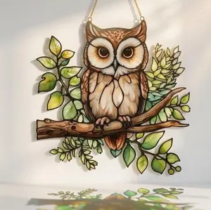 Owl Stained Acrylic Suncatcher, Woodland Home Decor, Botanical Style Window Hanging Decoration, Gift For Wild Animal Lover
