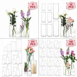 4/12/24/48pcs Clear Glass Cylinder Vases, 4, 6, 8, 10 Inch Tall Cylinder Vases For Centerpieces, Glass Flower Vase, Hurricane Floating Candle Holder Vase For Table Shelf, Party, Wedding, Home Decor E-I-D, Mother's Day Decor