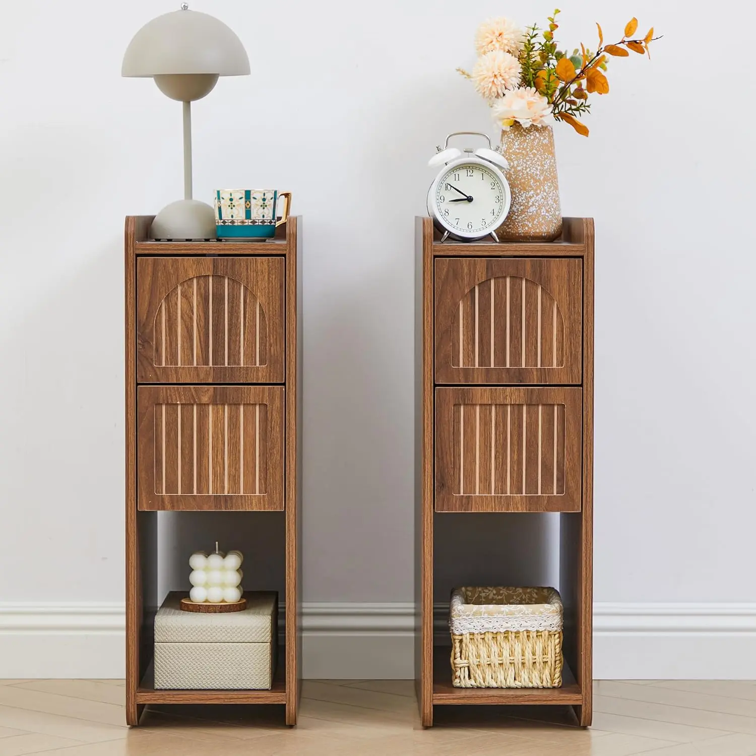 FurSch Mid-Century Slim Nightstand with Storage, Wooden Bedside Table with 2 Drawers & Open Shelf, Space-Saving End Table for Bedroom & Small Spaces