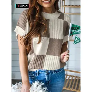 Women's Plaid Pattern Round Neck Sweater, Casual Slim-fitting Jumper for Daily Wear, Ladies Knitwear for All Seasons