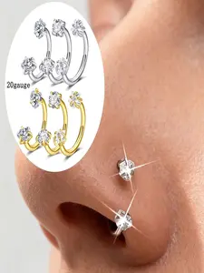 3pcs U-Shaped Nose Rings, Nose Hoop, Heart Star Round Cubic Zirconia, Helix Cartilage Earrings, Cartilage Helix Piercing, 20g Low Allergy 316L Stainless Steel, Nose Ring Jewelry, Helix Pierced Ring