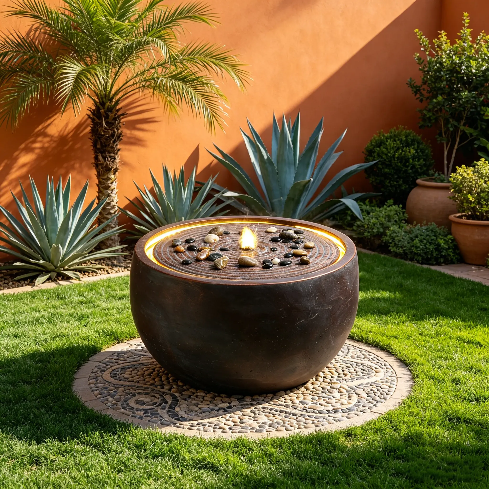 Round Outdoor Water Feature, 19" W x 12" H Freestanding Bowl Water Fountain with Warm LED Lights, Electric Cascading Water Fountain for Patio, Yard, Garden & Outdoor Landscape Decor