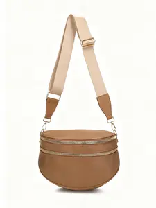 Simple fashionable retro double zipper design single shoulder bag, wide shoulder strap comfortable and versatile adjustable, semi-circular design, trend and leisure commuting single shoulder bag, suitable for shopping, travel, Fashionable Crossbody Bag