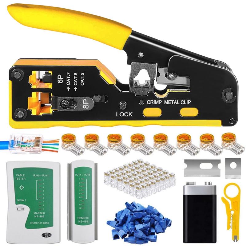 daGodtech RJ45 Ethernet Network Tool Kit Pass Through Cat6 Crimping Tool for RJ45 RJ11 RJ12 Cat5e Cat7 Cat8 Ethernet Cable Tester Stripper Crimper Tool Set with 40 Connectors & Boots Included Battery